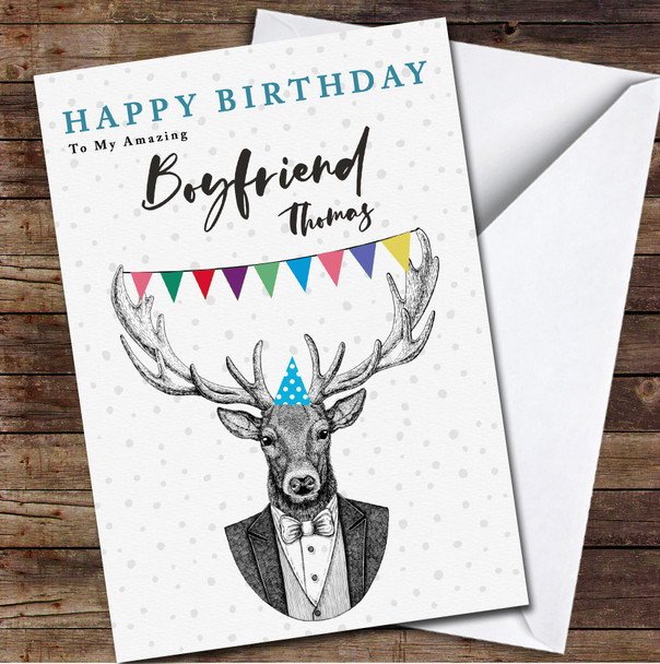 Amazing Boyfriend Hipster Deer Party Hat Bunting Personalized Birthday Card