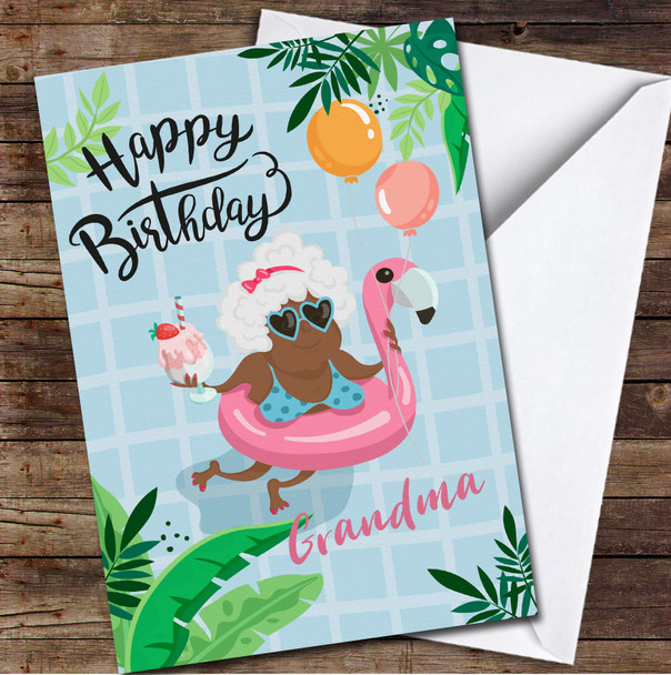 Dark Skin Grandma Inflatable Pink Flamingo Happy Personalized Birthday Card