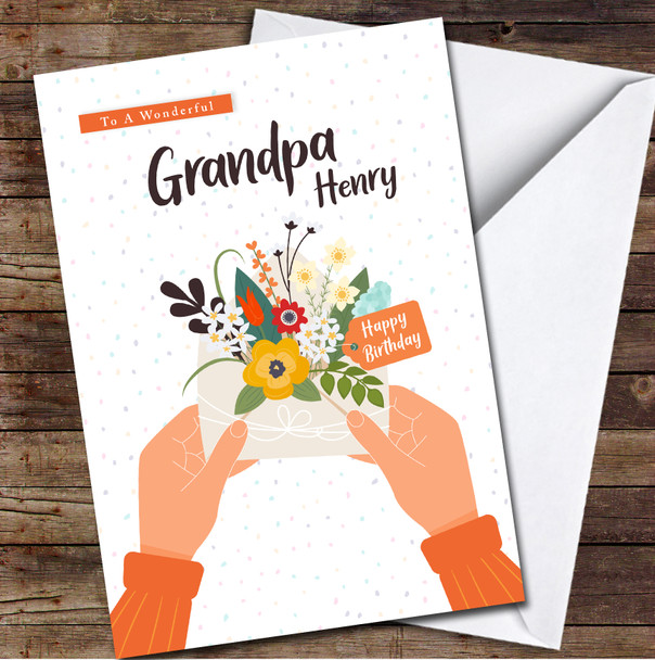 Grandpa Hands Holding Envelope With Flowers Card Personalized Birthday Card