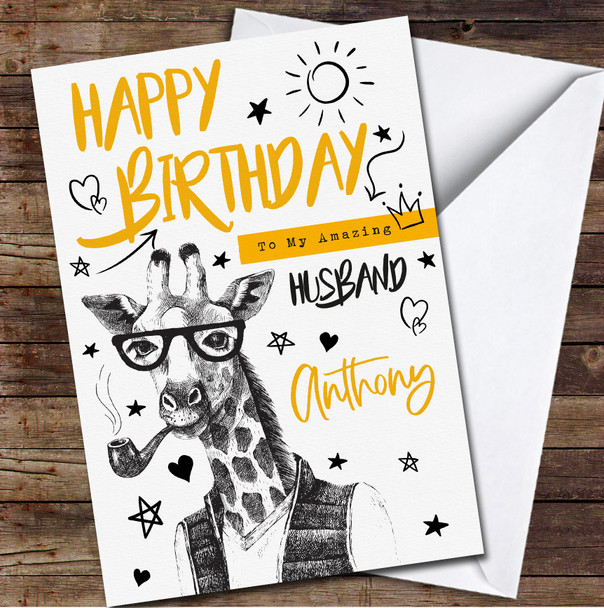 Husband Hipster Giraffe With Smoking Pipe Orange Personalized Birthday Card