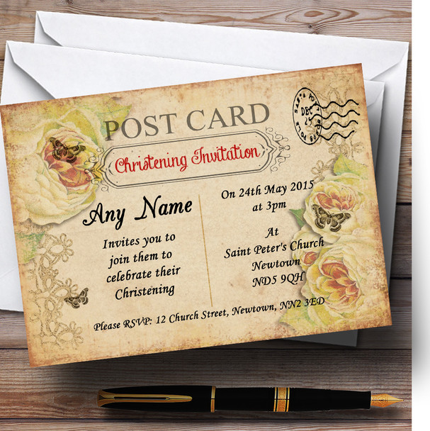 Old Vintage Shabby Chic Postcard Christening Party Personalized Invitations