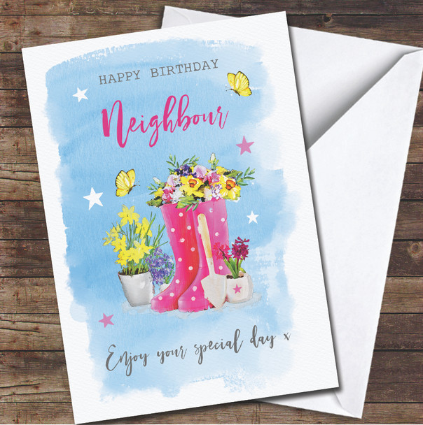 Neighbour Garden Wellies Shoes Flowers Girl Blue Personalized Birthday Card