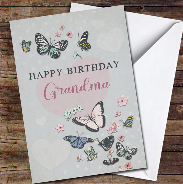 Pink Vintage Colourful Butterflies Happy Grandma Personalized Birthday Card