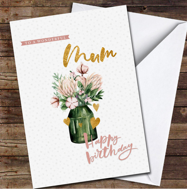 Watercolour Bouquet In Green Glass Wonderful Mum Personalized Birthday Card