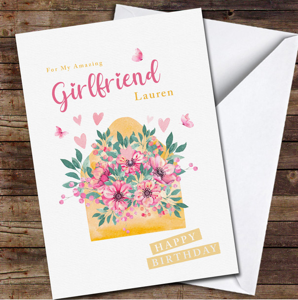 Girlfriend Watercolour Envelope With Flowers And Hearts Card Birthday Card