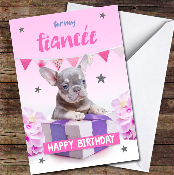 Fiancée Cute Puppy Dog Gift Pink Flowers Floral Personalized Birthday Card