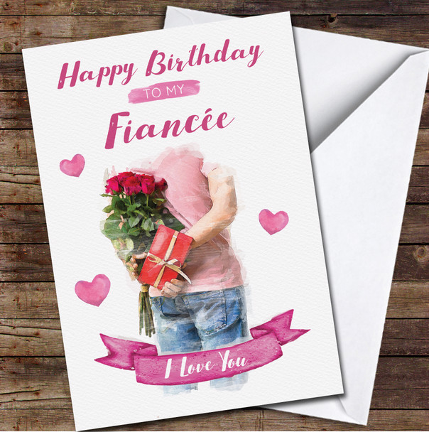 Fiancée Gift Roses Painted Romantic Pink Hearts Personalized Birthday Card