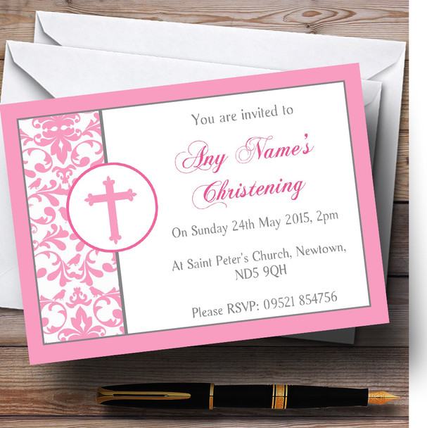 Pink Princess Crown White Christening Party Personalized Invitations