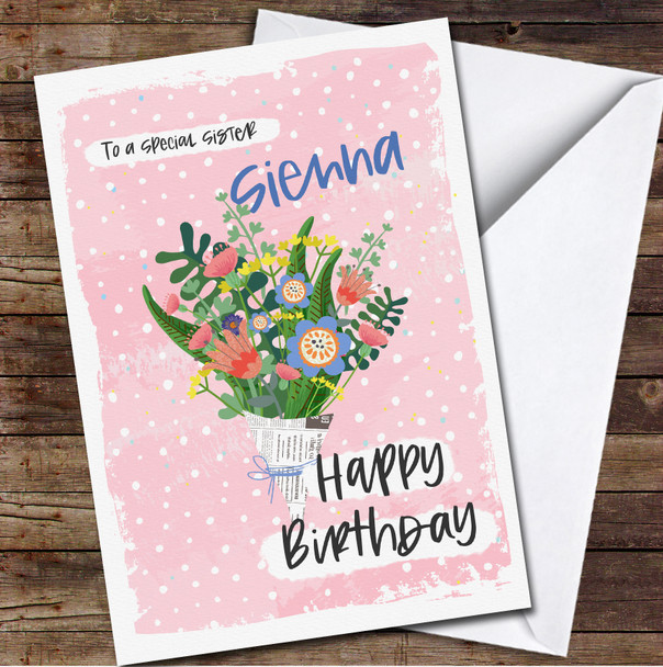 Special Sister Pink Background Bunch Of Flowers Personalized Birthday Card