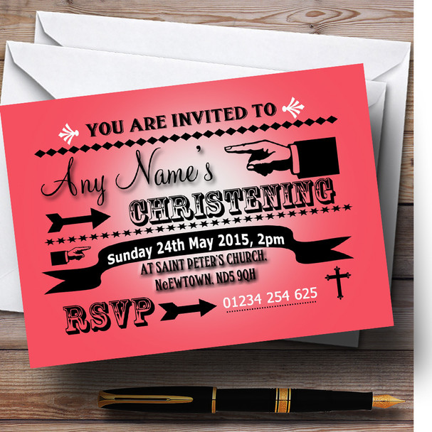 Pink Red Typography Word Art Vintage Christening Party Personalized Invitations