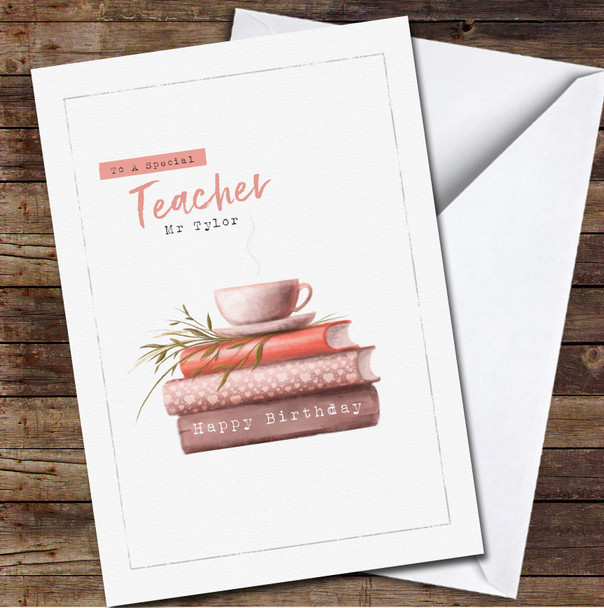 Teacher Birthday Watercolour Books And Cup Card Personalized Birthday Card