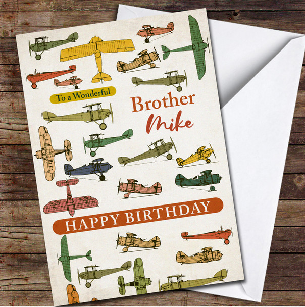 Vintage Planes Wonderful Brother Happy Birthday Personalized Birthday Card