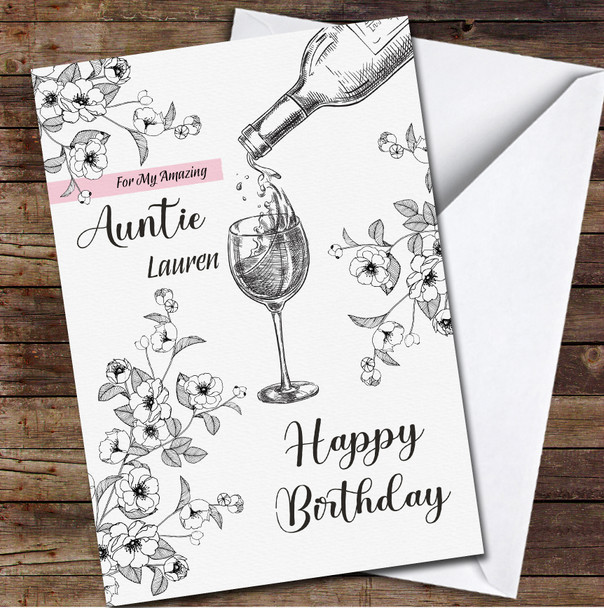 Auntie Wine Pouring Bottle Into Glass Line Art Personalized Birthday Card