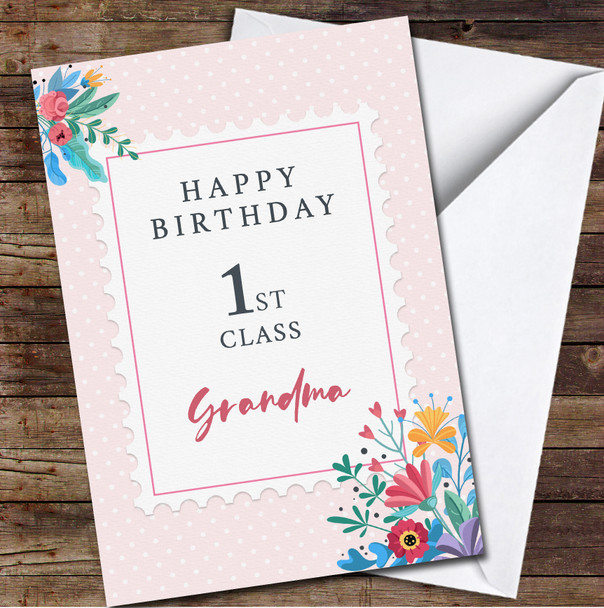 First Class Grandma Stamp Pink Polka Dot Happy Personalized Birthday Card