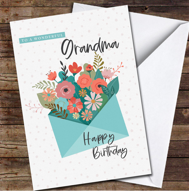 Green Envelope Flowers Wonderful Grandma Happy Personalized Birthday Card