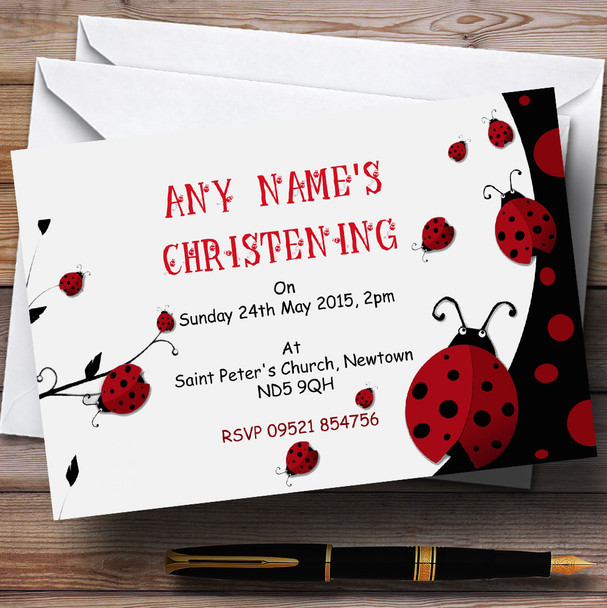 Red And Black Ladybird Christening Party Personalized Invitations