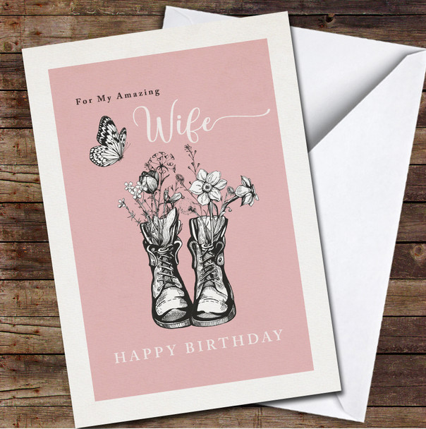 Wife Vintage Boots Filled Field Meadow Flowers Personalized Birthday Card