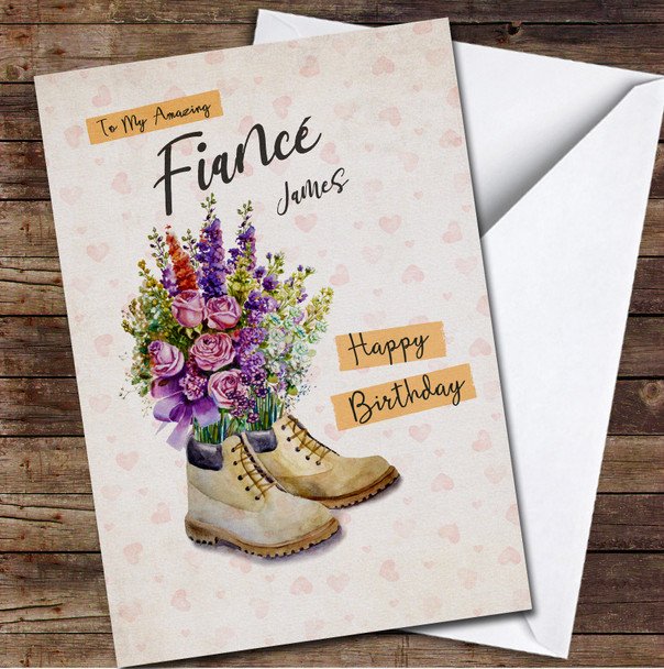 Fiancé Pair Of Yellow Boots With Flowers Card Personalized Birthday Card