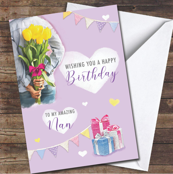 Nan Happy Holding Flowers Painted Purple Cute Personalized Birthday Card