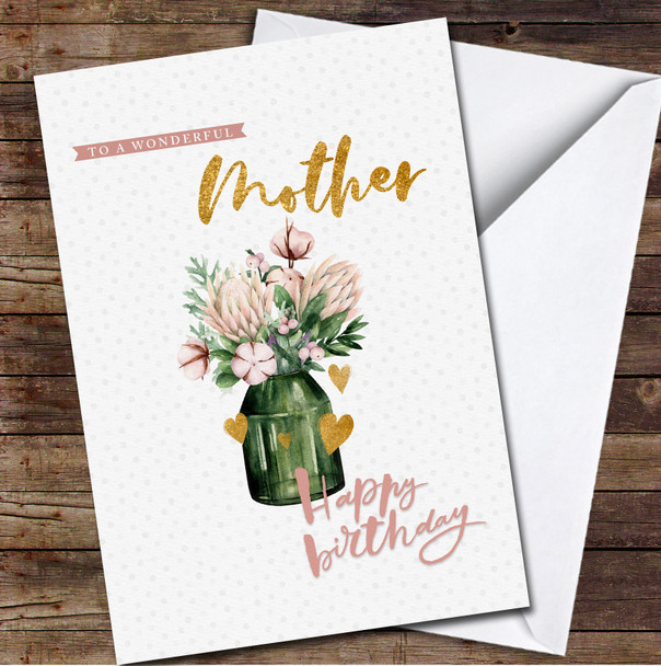 Wonderful Mother Happy Bouquet In Green Glass Personalized Birthday Card