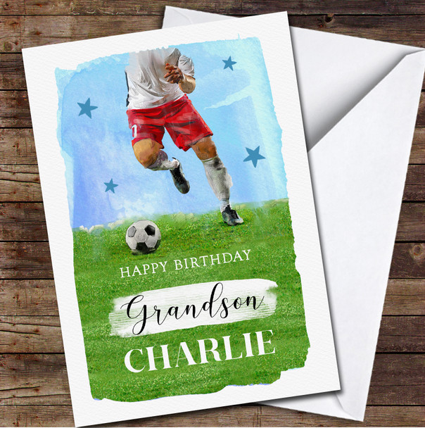 Grandson Birthday Football Painted Blue Stars Personalized Birthday Card