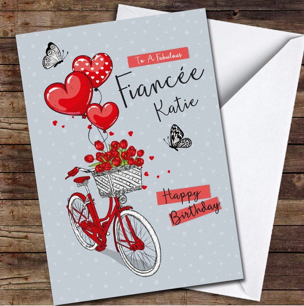 Fiancée Red Vintage Bike With Heart Shaped Balloons Card Birthday Card
