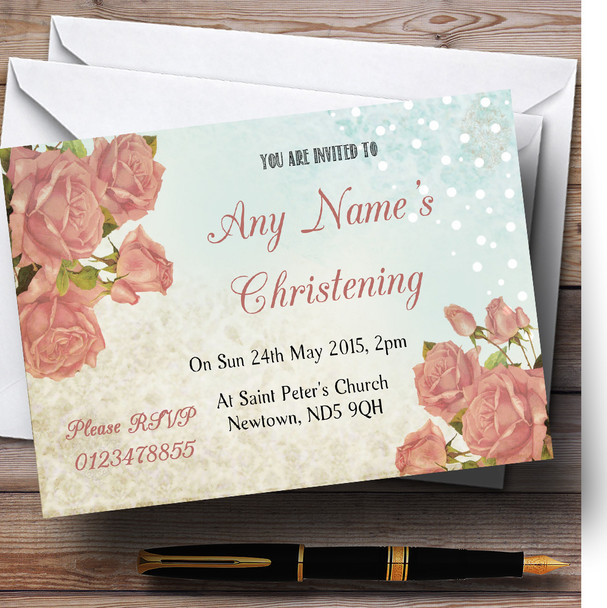 Shabby Chic Vintage Floral Classic Light Christening Party Personalized Invitations