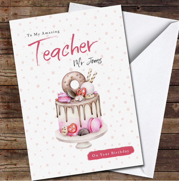 Teacher Birthday Watercolour Cake Card Personalized Birthday Card
