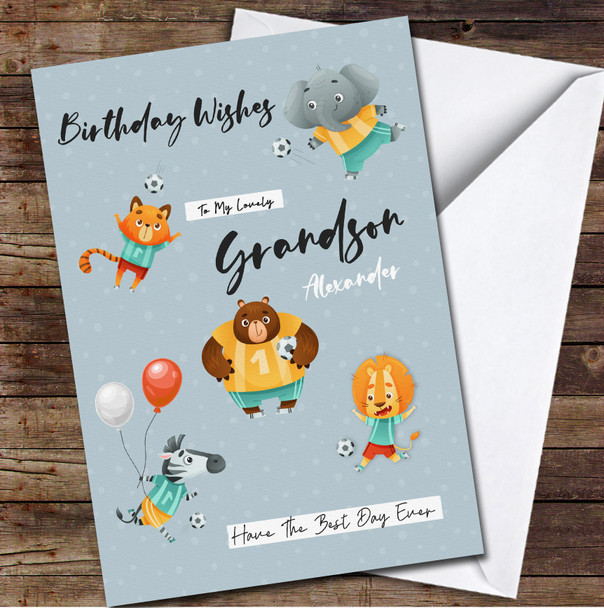 Lovely Grandson Team Of Wild Animals Playing Football Personalized Birthday Card