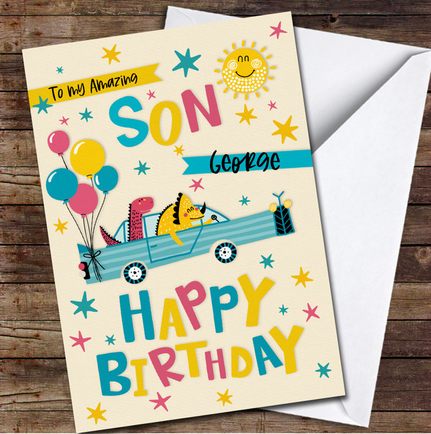 Amazing Son Funny Dinosaurs Car Yellow Blue Balloons Personalized Birthday Card