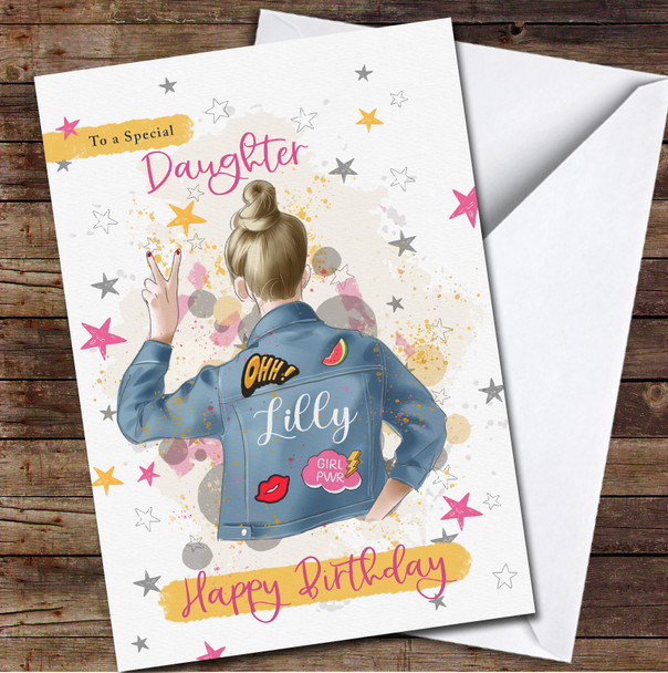 Daughter Birthday Blond Hair Girl Jeans Jacket Peace Personalized Birthday Card