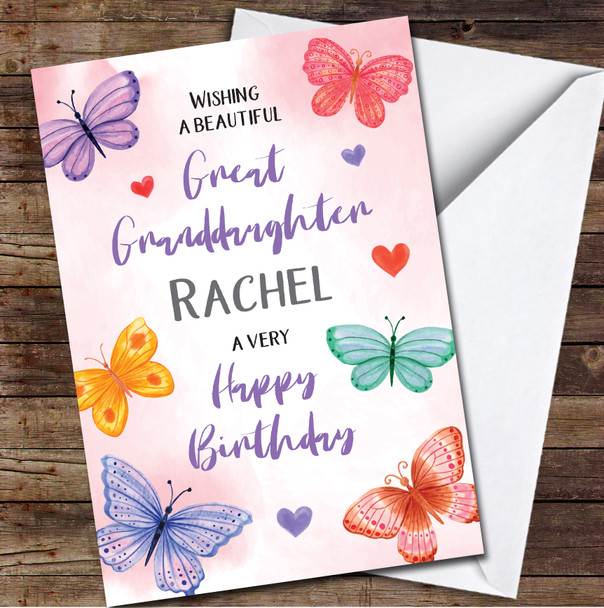 Great Granddaughter Butterfly Pink Purple Cute Girl Personalized Birthday Card