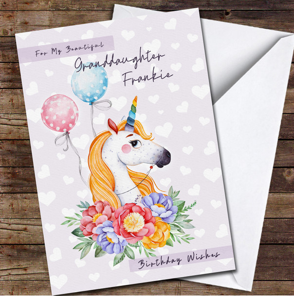 Granddaughter Unicorn Floral Balloons Lilac Hearts Personalized Birthday Card