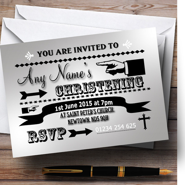 Silver Typography Word Art Vintage Christening Party Personalized Invitations