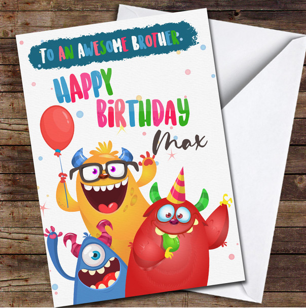 Rainbow Funny Party Monster Awesome Brother Happy Personalized Birthday Card