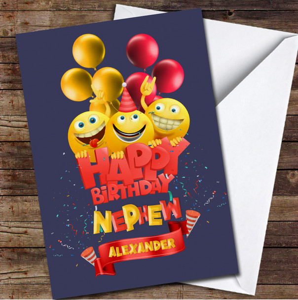 Nephew Birthday Funny Party Emojis With Balloons Personalized Birthday Card