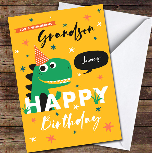 Wonderful Grandson Yellow Birthday Cute Dinosaur Personalized Birthday Card