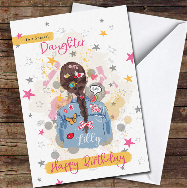 Daughter Brunette Hair Girl Jeans Jacket Peace Personalized Birthday Card