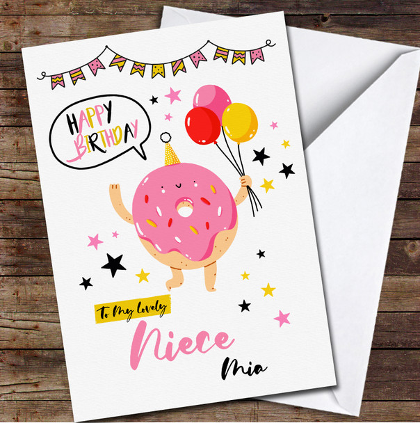 Niece Pink Cute Donut Character With Balloons Personalized Birthday Card