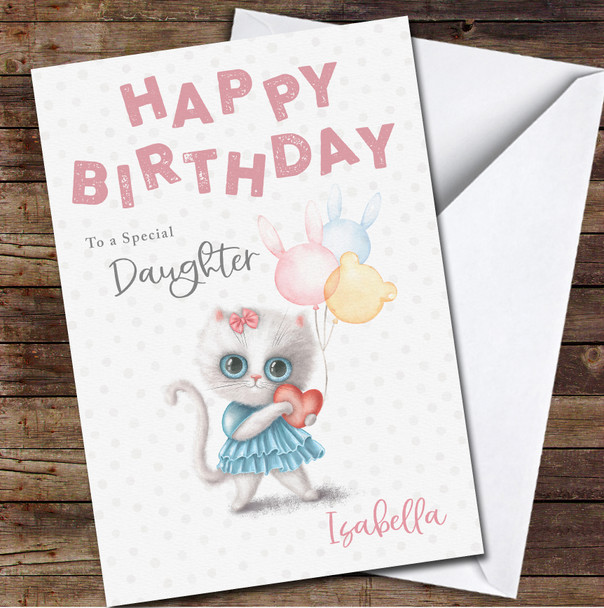 Pink Daughter Cute Kitty Holds Heart Balloons Personalized Birthday Card