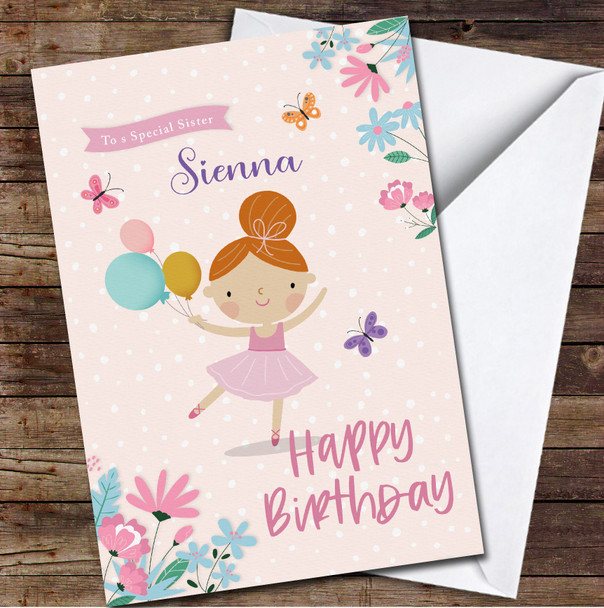 Pink Sister Ginger Hair Cute Little Ballerina Personalized Birthday Card