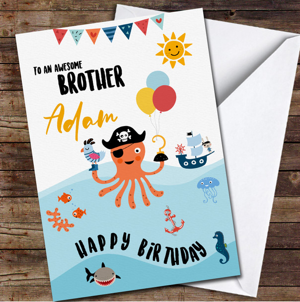 Pirate Octopus Awesome Brother Balloons Happy Personalized Birthday Card