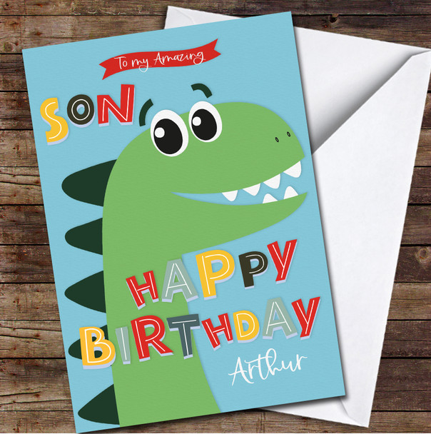 Amazing Son Birthday Cute Green Dinosaur Blue Personalized Birthday Card