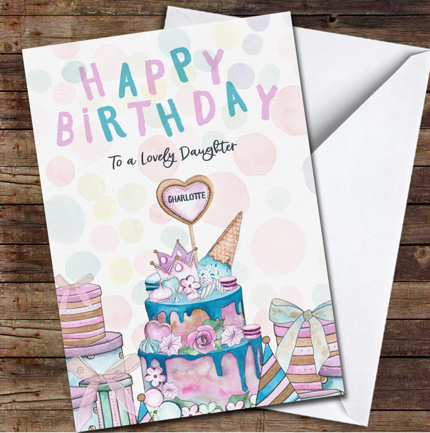Lovely Daughter Watercolour Cake Pink Blue Personalized Birthday Card