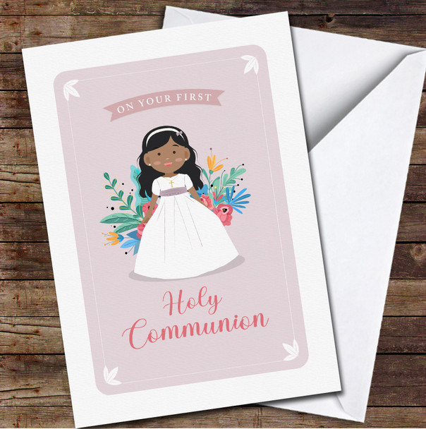 Dark Skin Long Hair First Holy Communion Girl Personalized Card