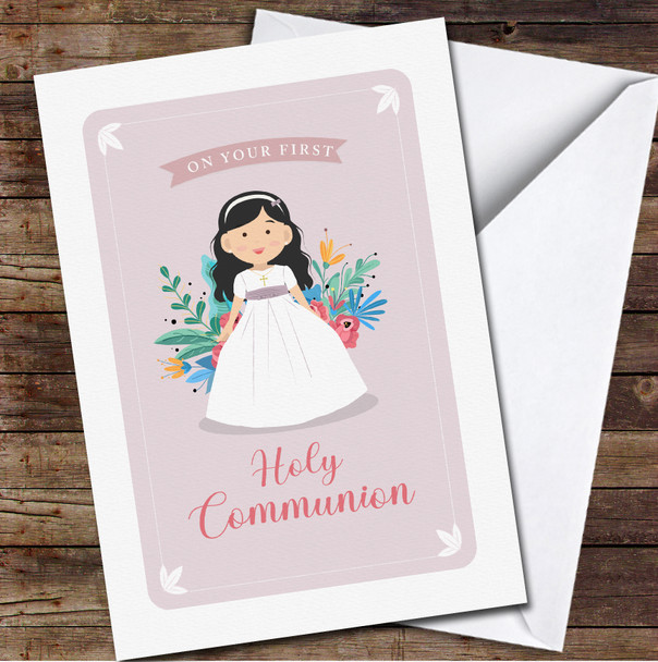 Black Hair First Holy Communion Girl Floral Personalized Card