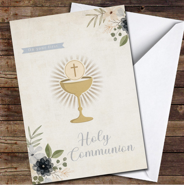 Floral Gold Chalice First Holy Communion Personalized Card