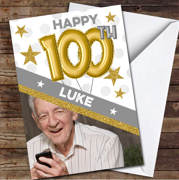 100th Balloons Gold Male Photo Any Age Personalized Birthday Card