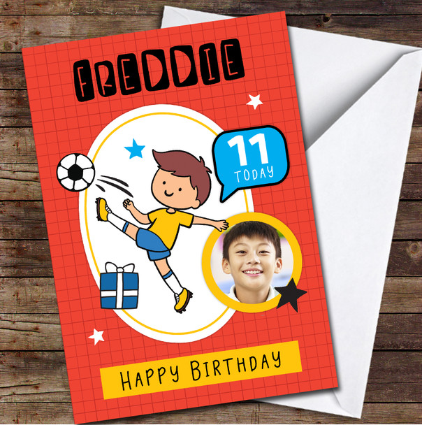 11th Boy Football Photo Red Any Age Personalized Birthday Card