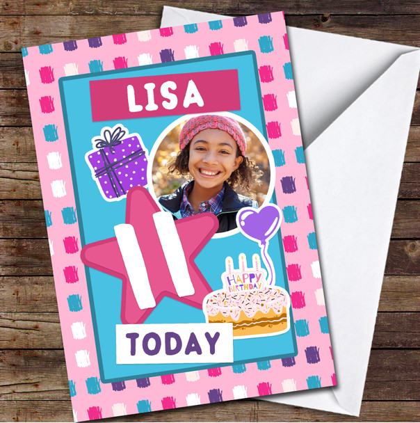 11th Girl Pattern Cake Photo Any Age Personalized Birthday Card